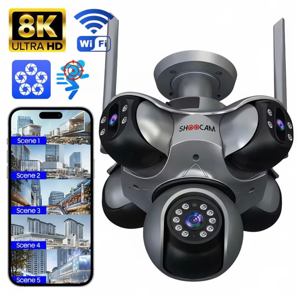 Camara para Exteriores 8K de 5 lentes a prueba de Agua wifi de 20MP