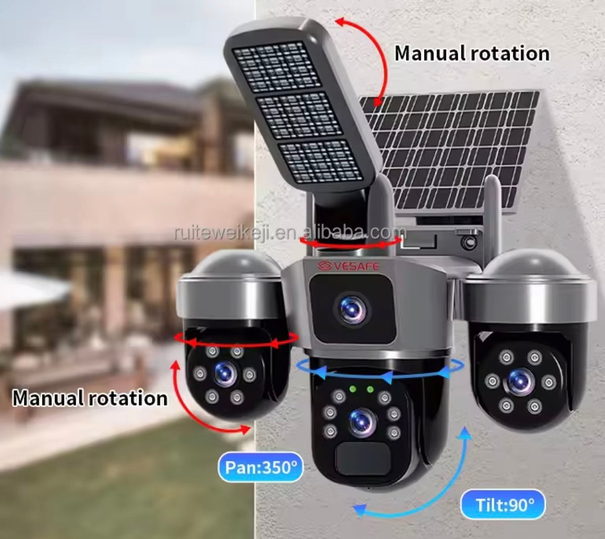 Camara 4 lentes para Exteriores con Panel Solar y Luz LED modelo 4G